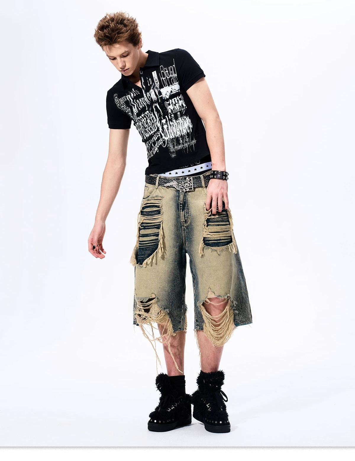 Gothic Grunge Distressed Print Slim Polo gm16425 06