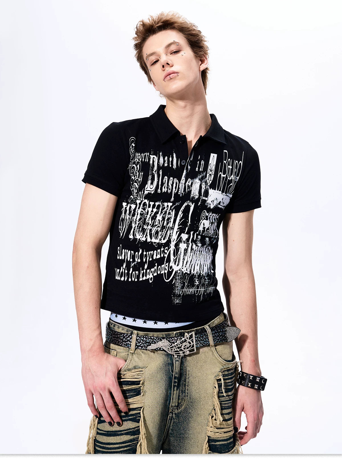 Gothic Grunge Distressed Print Slim Polo gm16425 08