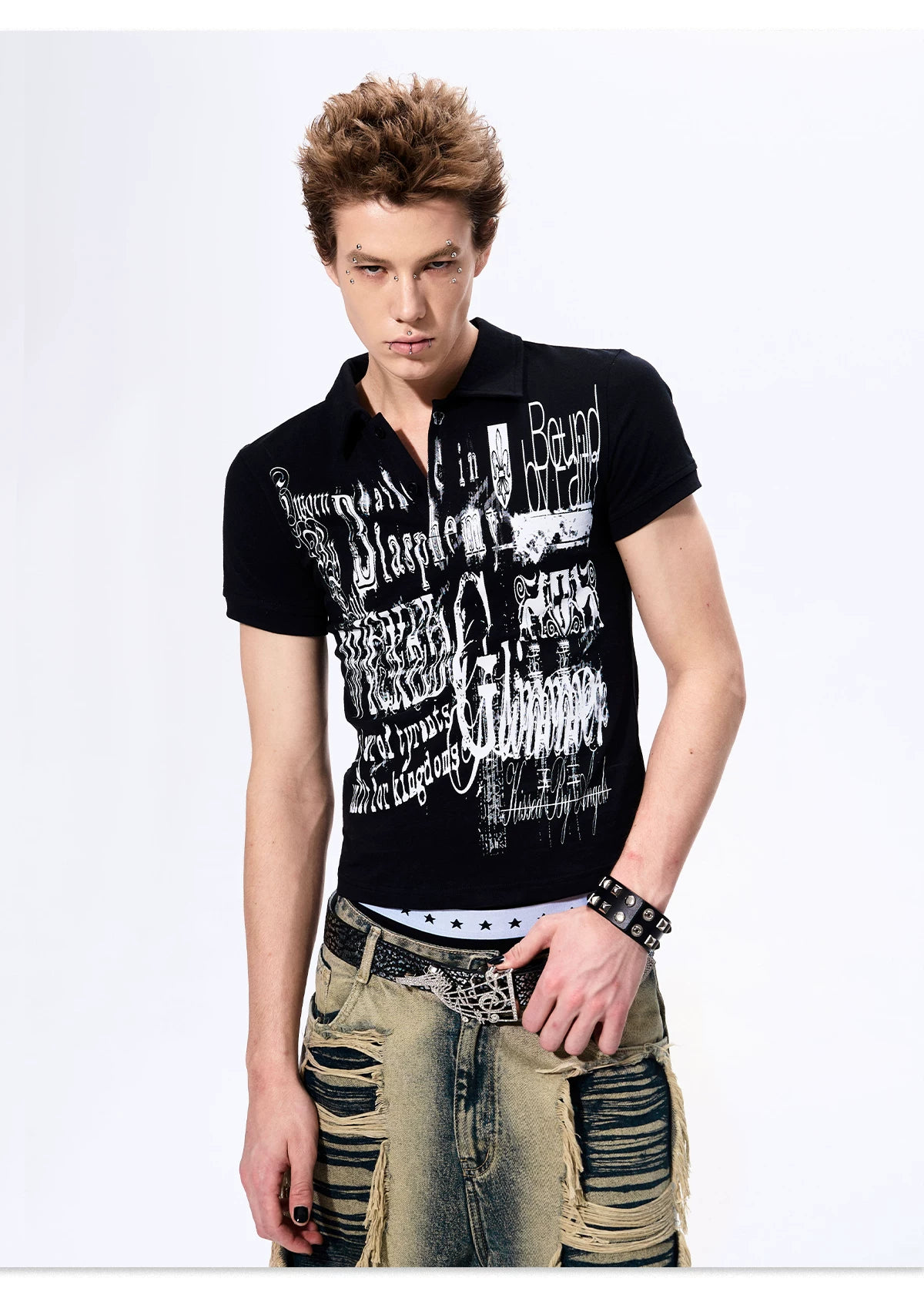 Gothic Grunge Distressed Print Slim Polo gm16425 10