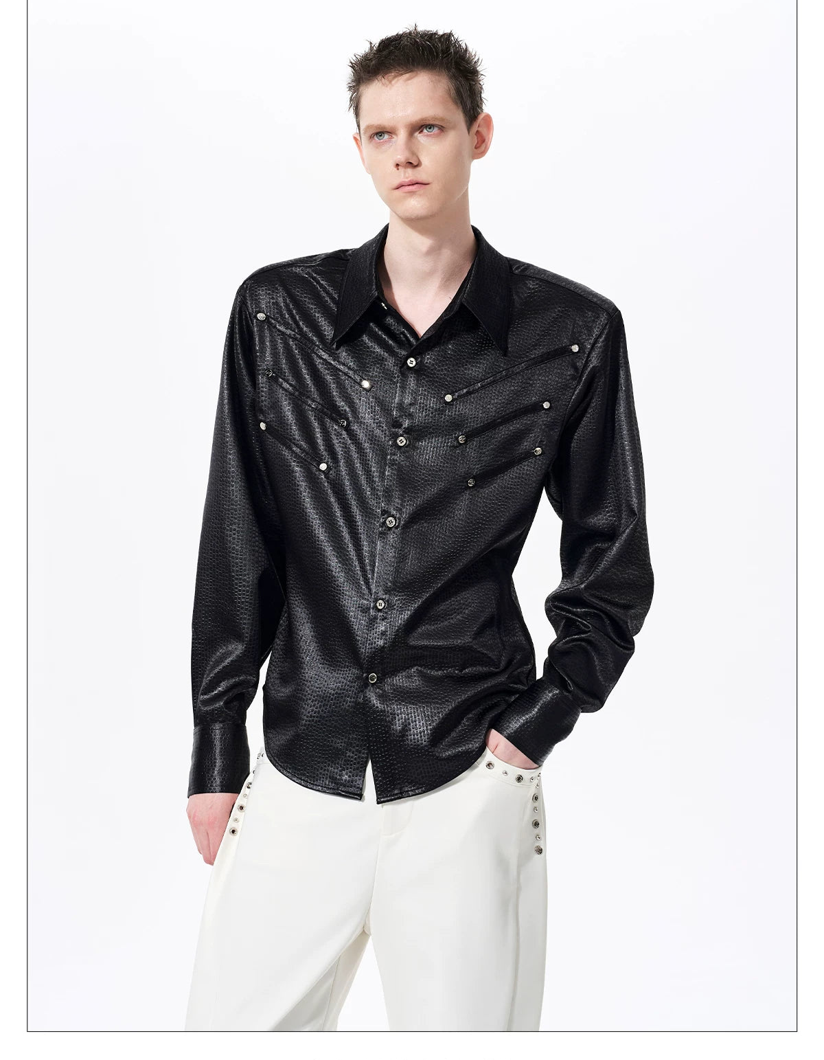 Herringbone Shoulder Studs Leather Jacket gm16412 - 01