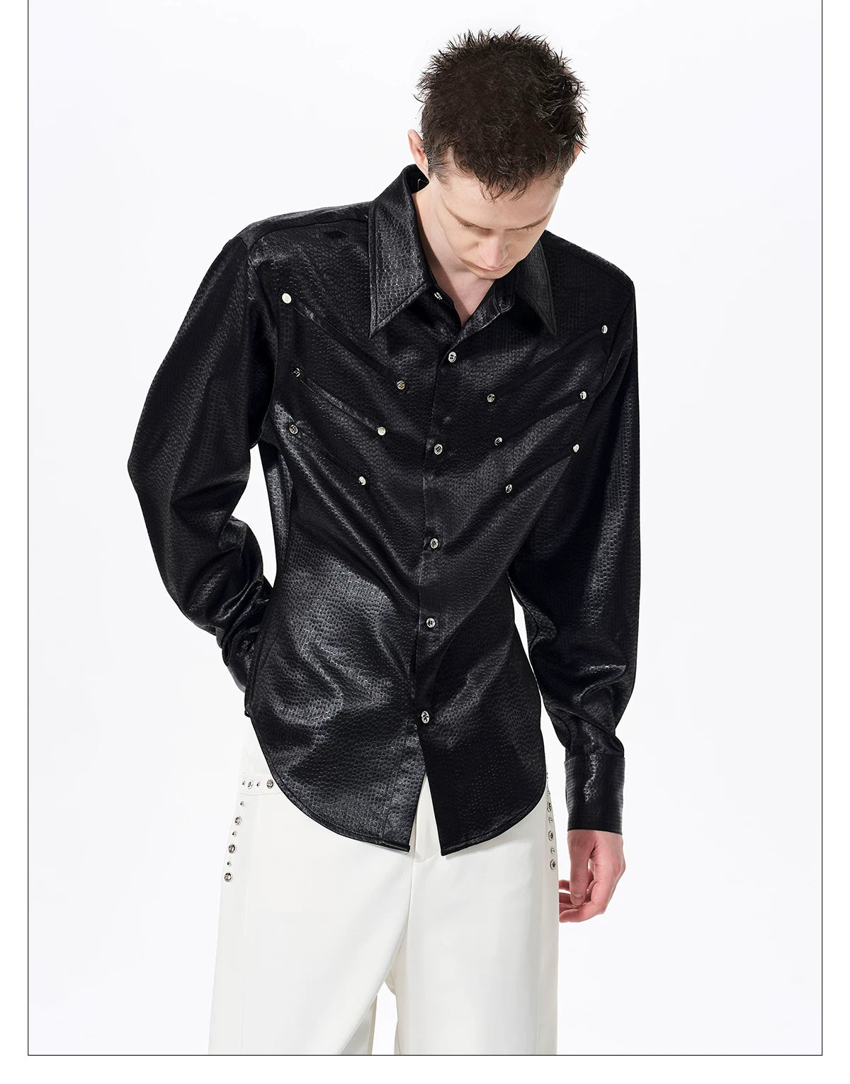 Herringbone Shoulder Studs Leather Jacket gm16412 - 04