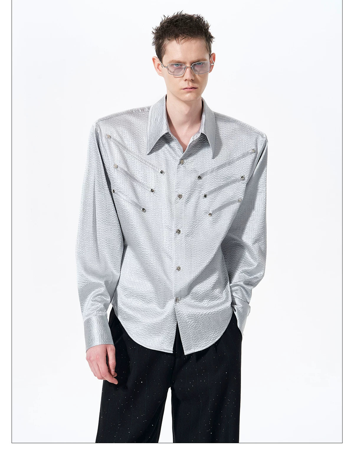 Herringbone Shoulder Studs Leather Jacket gm16412 - 14