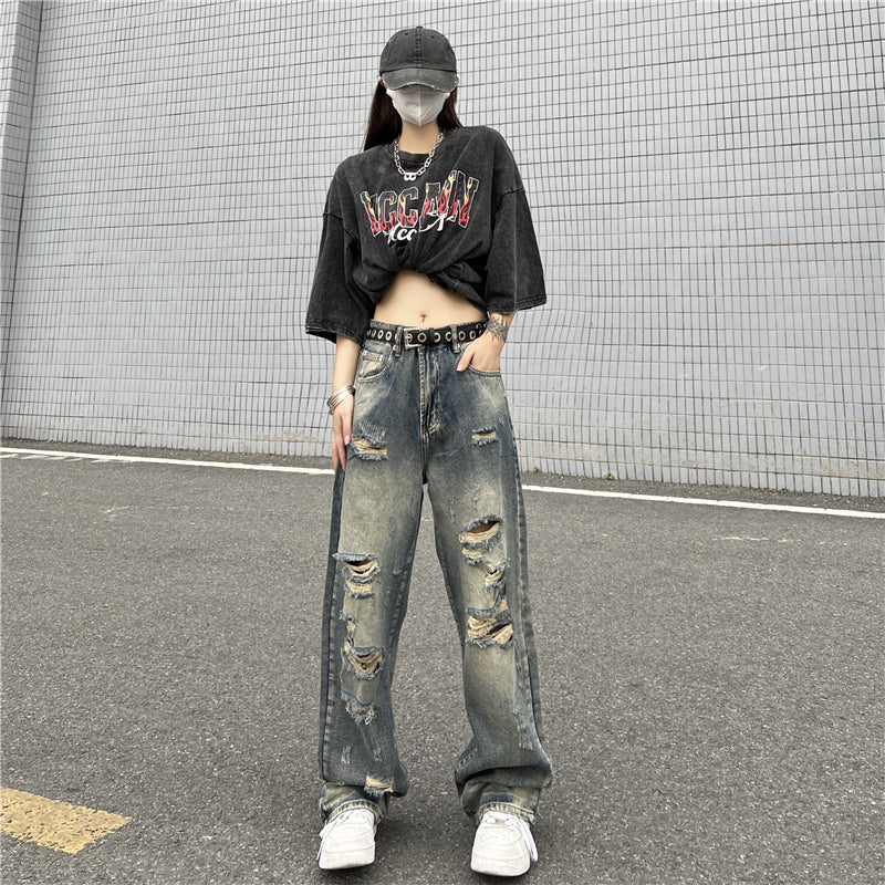 Distressed casual wide denim gm3386