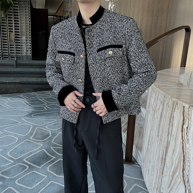 No-collar grey tweed jacket gm4336